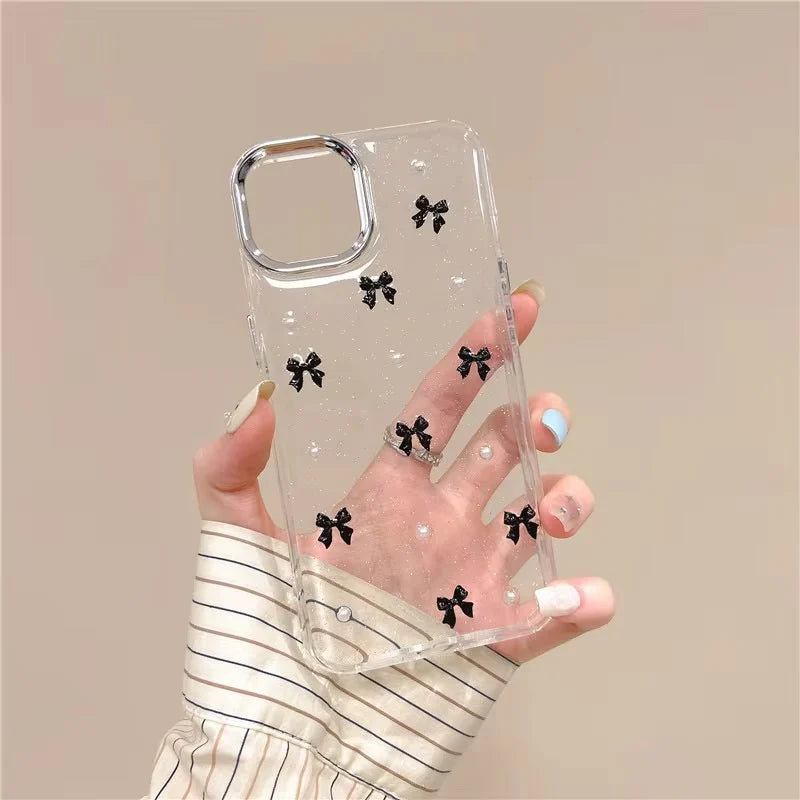 Korean Style Epoxy Bow & Pearl Clear Phone Case