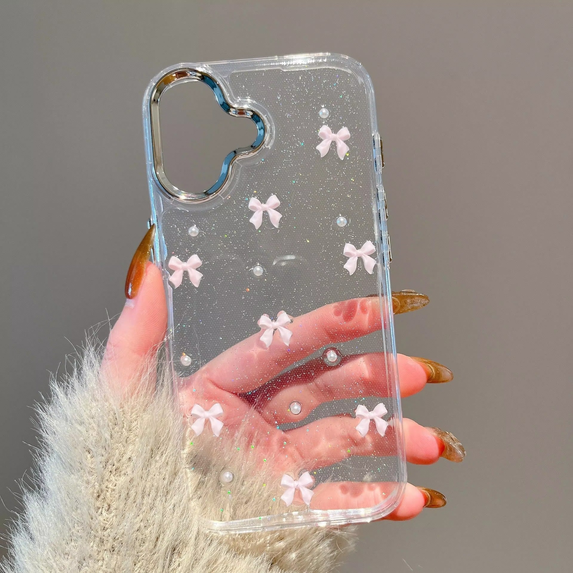 Korean Style Epoxy Bow & Pearl Clear Phone Case
