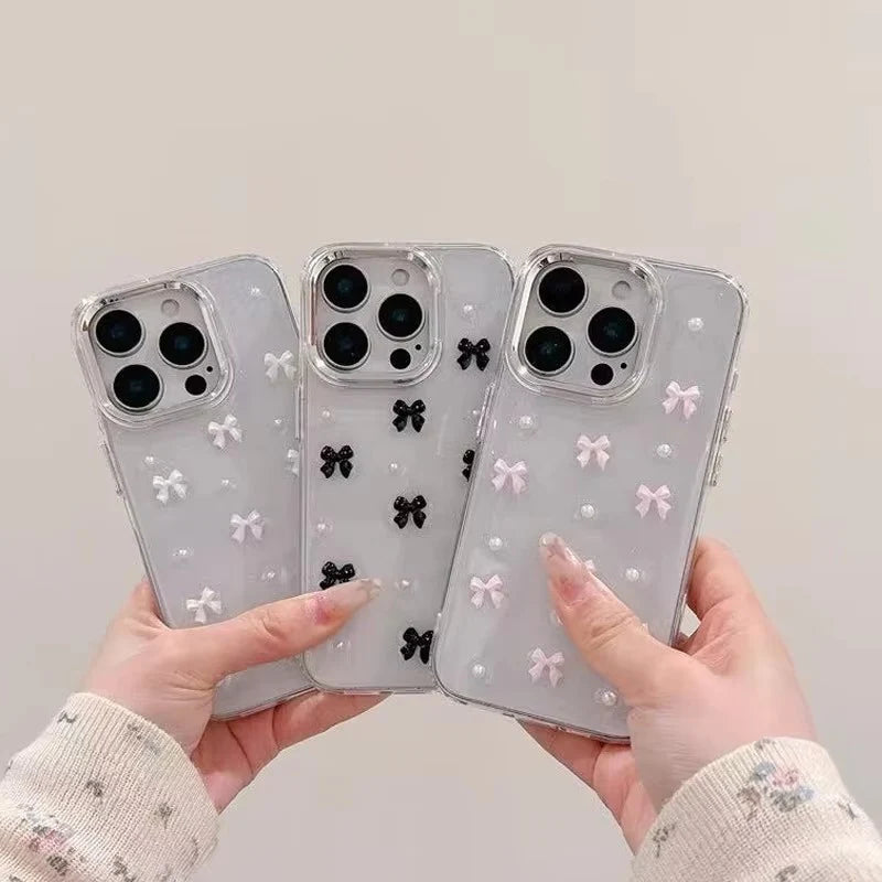 Korean Style Epoxy Bow & Pearl Clear Phone Case