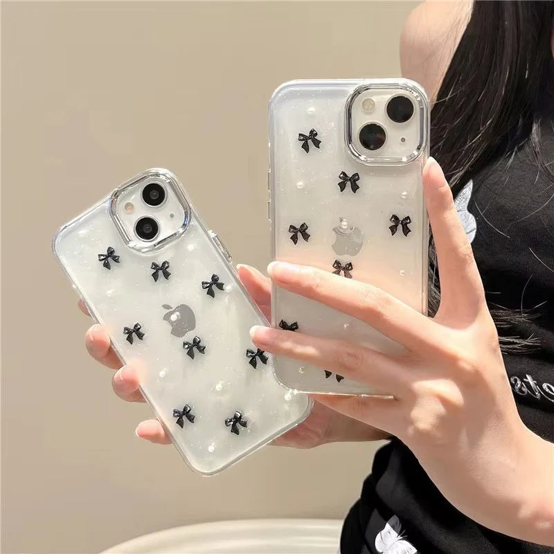 Korean Style Epoxy Bow & Pearl Clear Phone Case