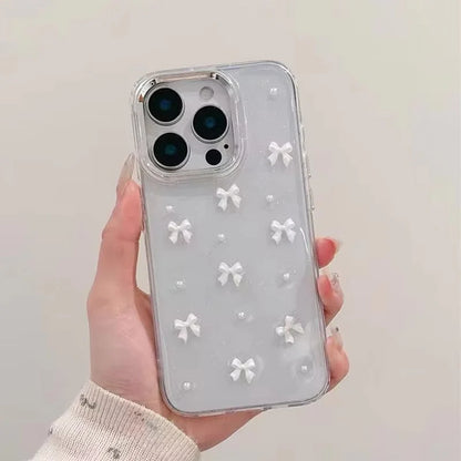 Korean Style Epoxy Bow & Pearl Clear Phone Case