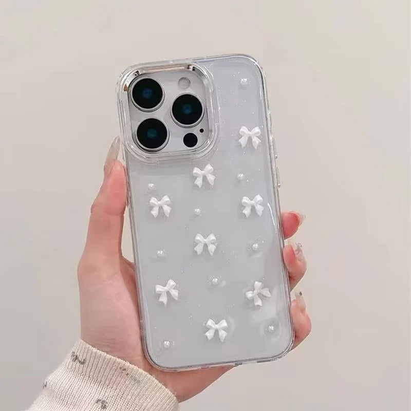 Korean Style Epoxy Bow & Pearl Clear Phone Case